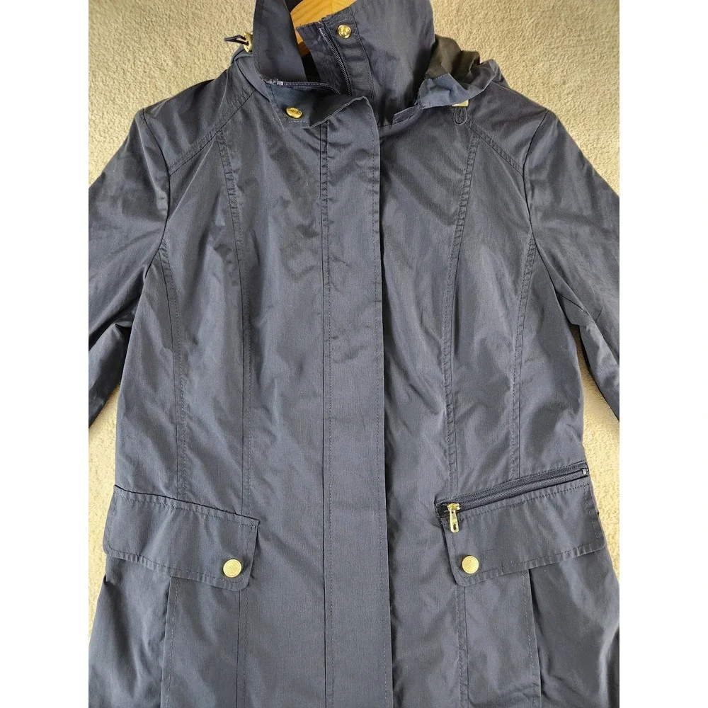 Cole Haan Signature Women's Small Navy Hooded Rain Coat Drawstring Hood_3